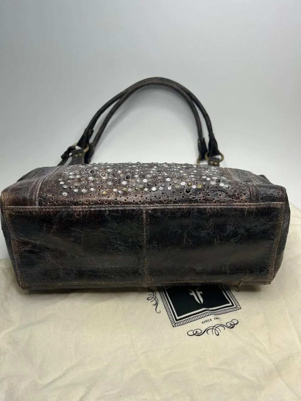 NWOT Frye DEBORAH Chocolate Brown Leather Studded Shoulder Satchel Tote Handbag